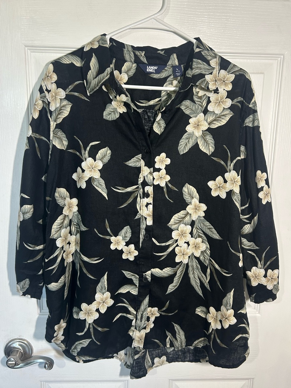Lands' End Linen Black Button-Front Floral Blouse Size Large 14-16 Hawaiian